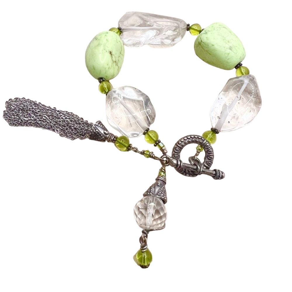 Silver tone t clasp charm fringe glass bead and green stone funky bracelet